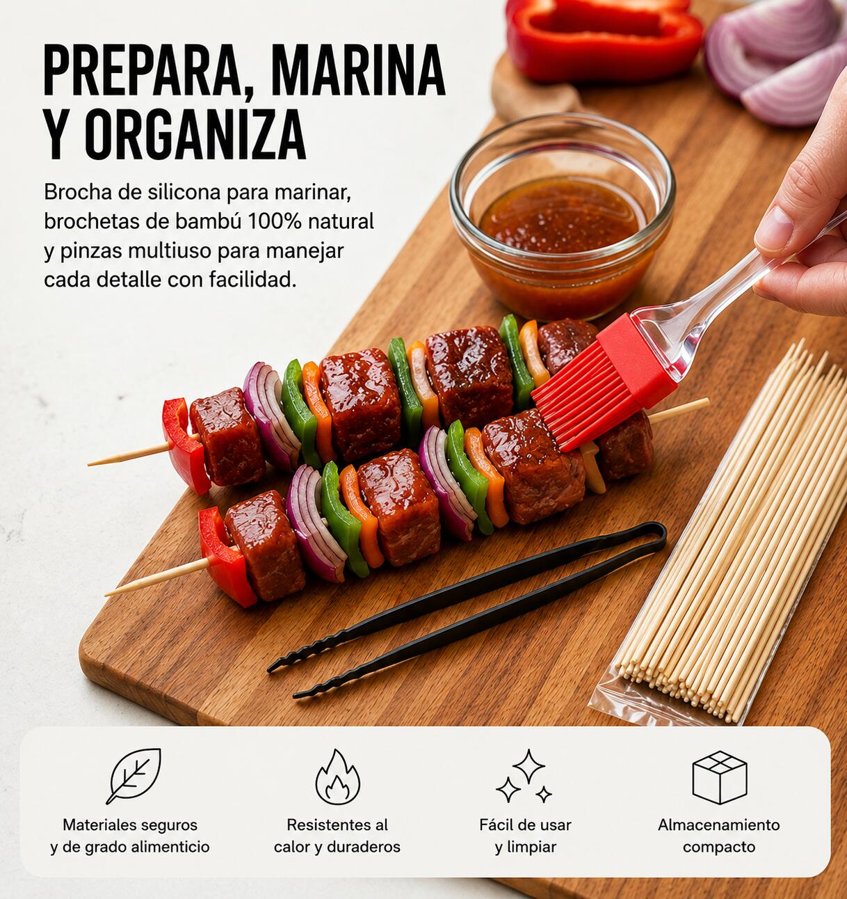 Set Profesional Utensilios Barbacoa 5 Piezas Inoxidable Mangos Silicona 3/7