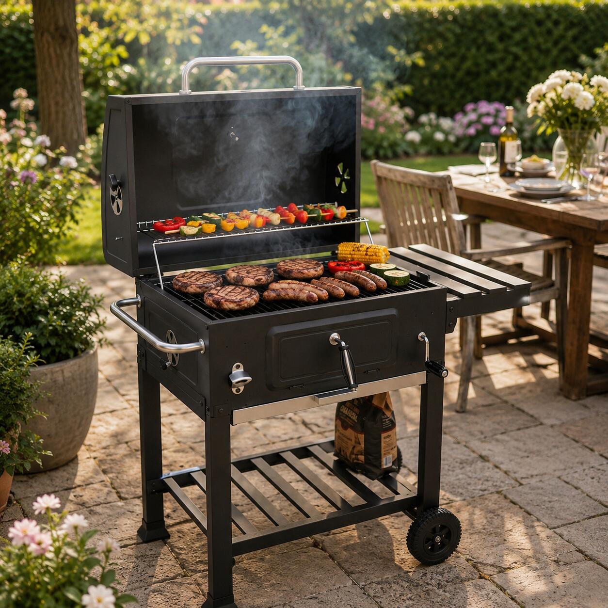 Barbecue a Carbone con Coperchio e Carrello Ausiliario 5/6