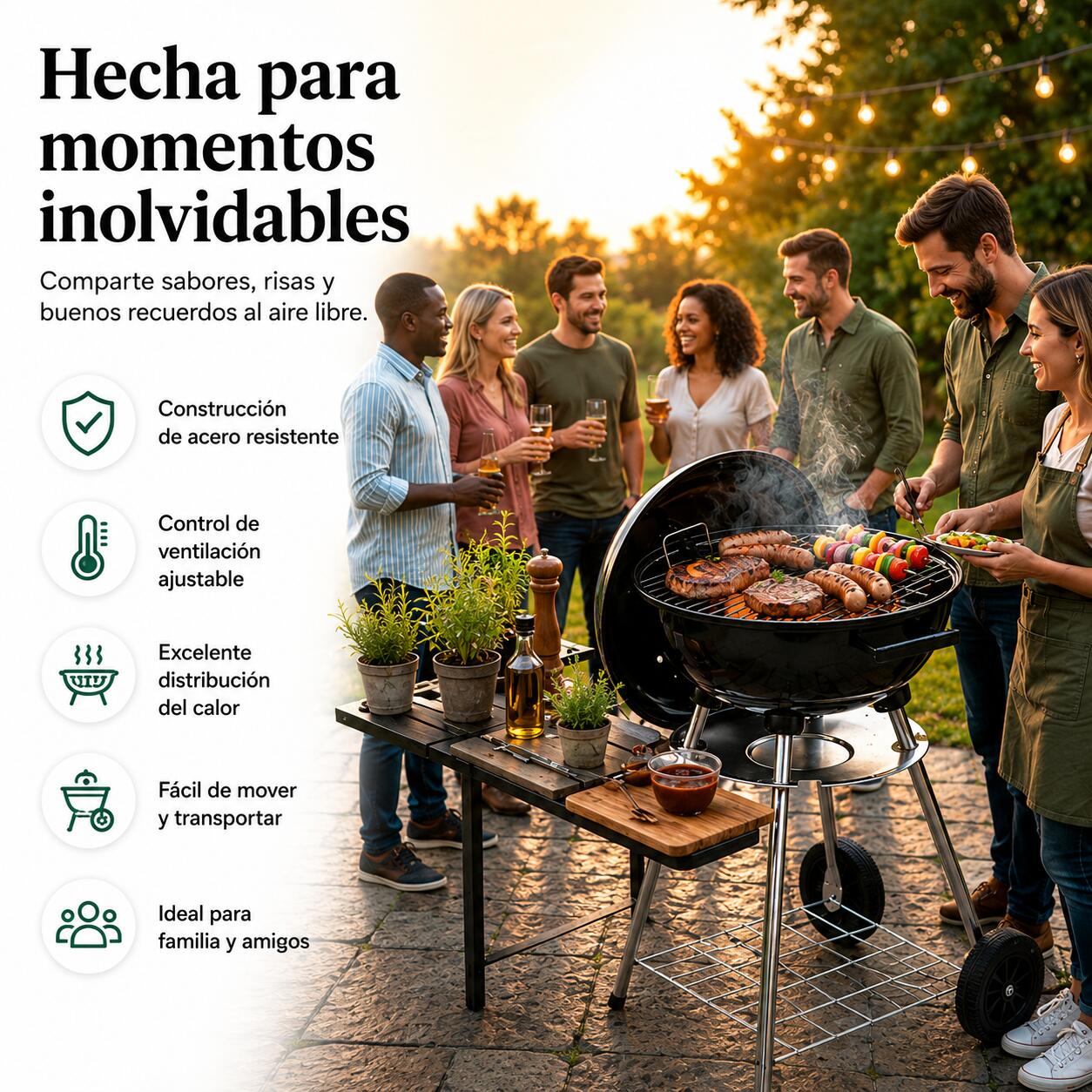 Barbecue a Carbone Rotondo Portatile con Coperchio e Ventilazione 2/6