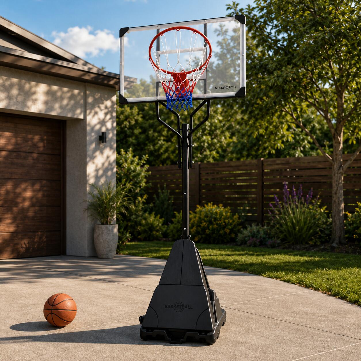 Cesto de basquetebol exterior regulável com base e rodas 7/7
