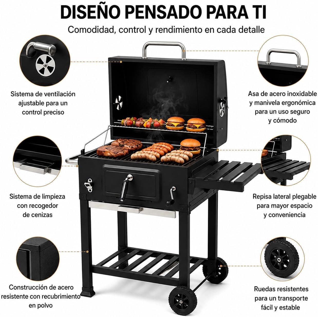 Barbecue a Carbone con Coperchio e Carrello Ausiliario 4/6