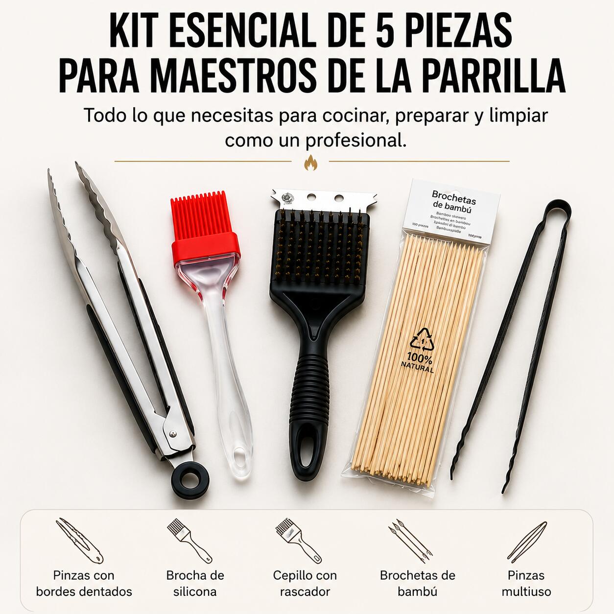 Set Profesional Utensilios Barbacoa 5 Piezas Inoxidable Mangos Silicona 2/7