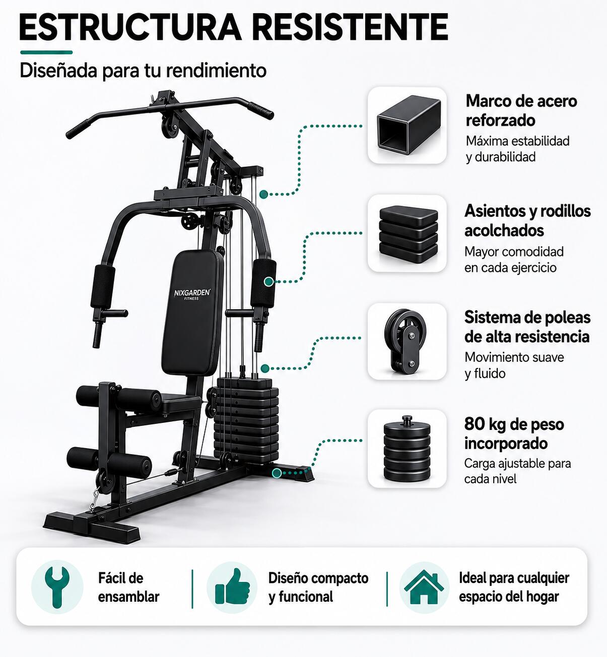 Multiestação de Musculação com Polias e Banco Ergonómico 4/6