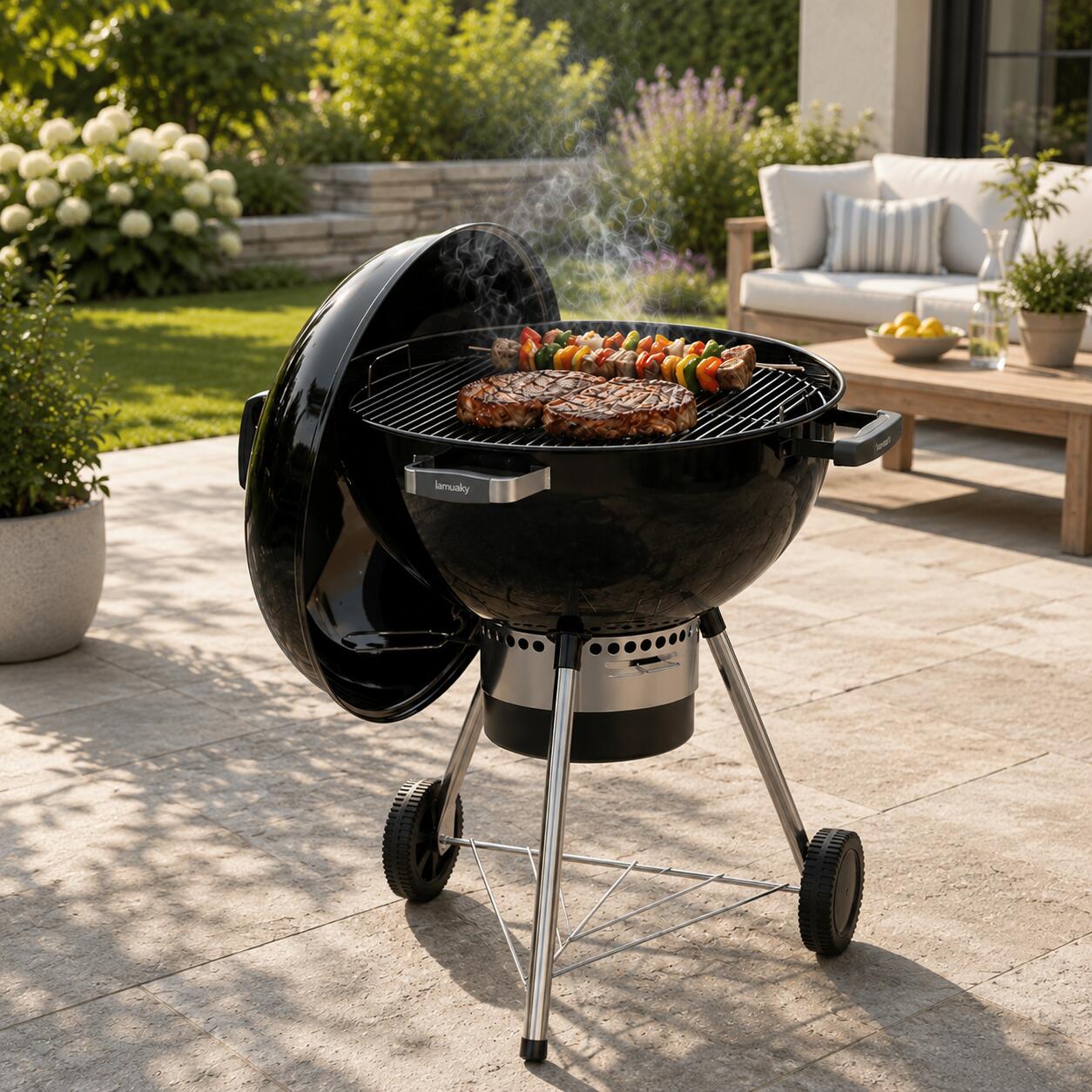 Barbecue Portatile a Carbone Rotondo con Coperchio 5/6