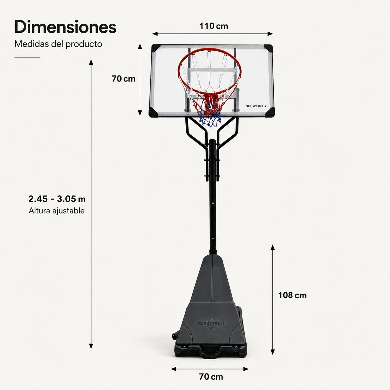 Cesto de basquetebol exterior regulável com base e rodas 4/7