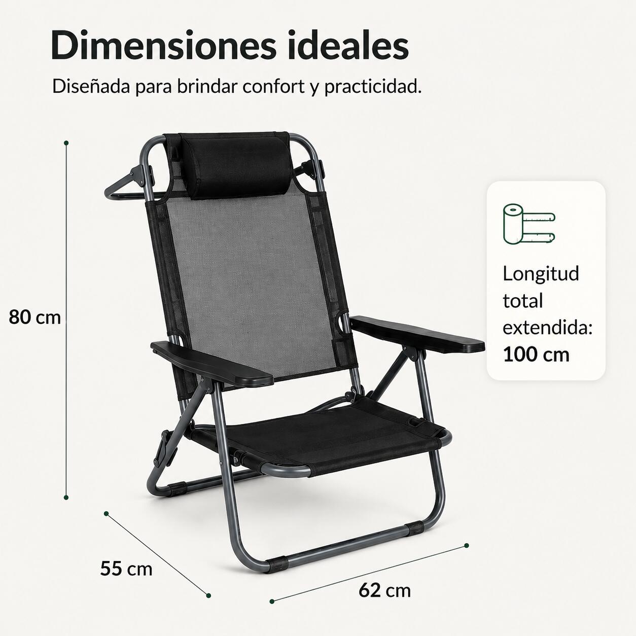 Chaise pliante basse pour plage et camping avec appuie-tête rembourré 3/7