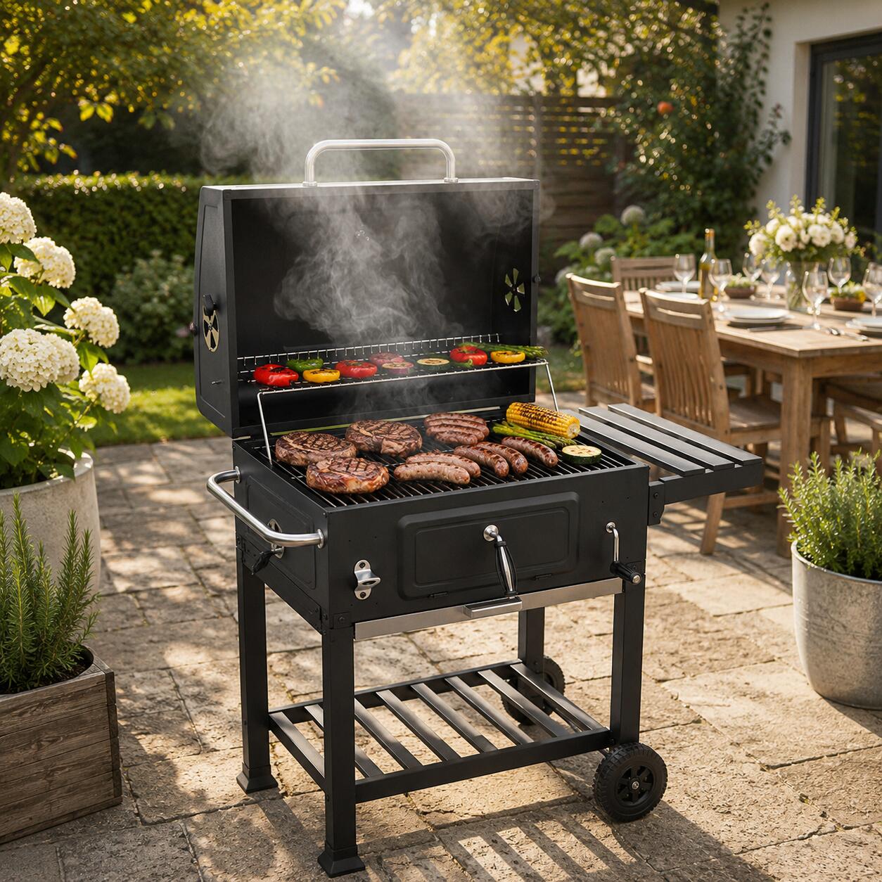 Barbecue a Carbone con Coperchio e Carrello Ausiliario 6/6