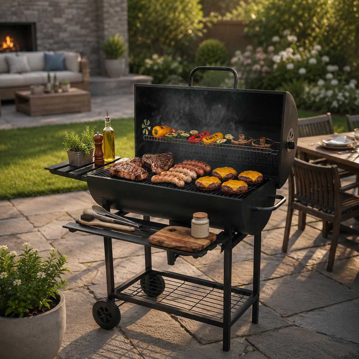 Barbecue a Carbone con Coperchio e Ventilazione Regolabile per Giardino con 7/7