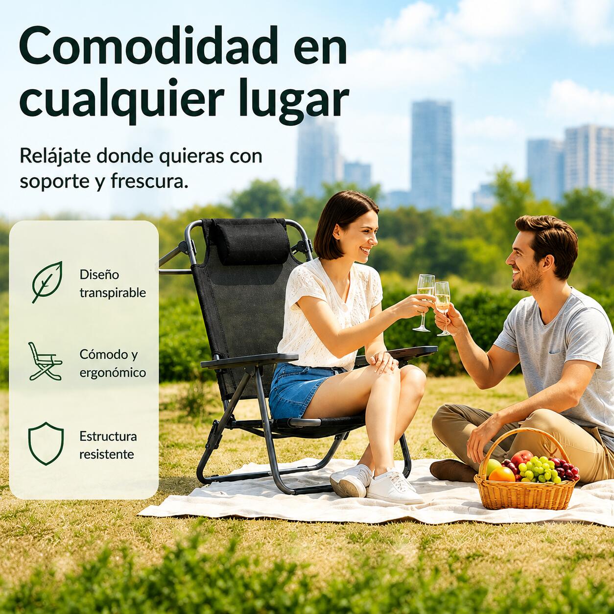 Chaise pliante basse pour plage et camping avec appuie-tête rembourré 2/7
