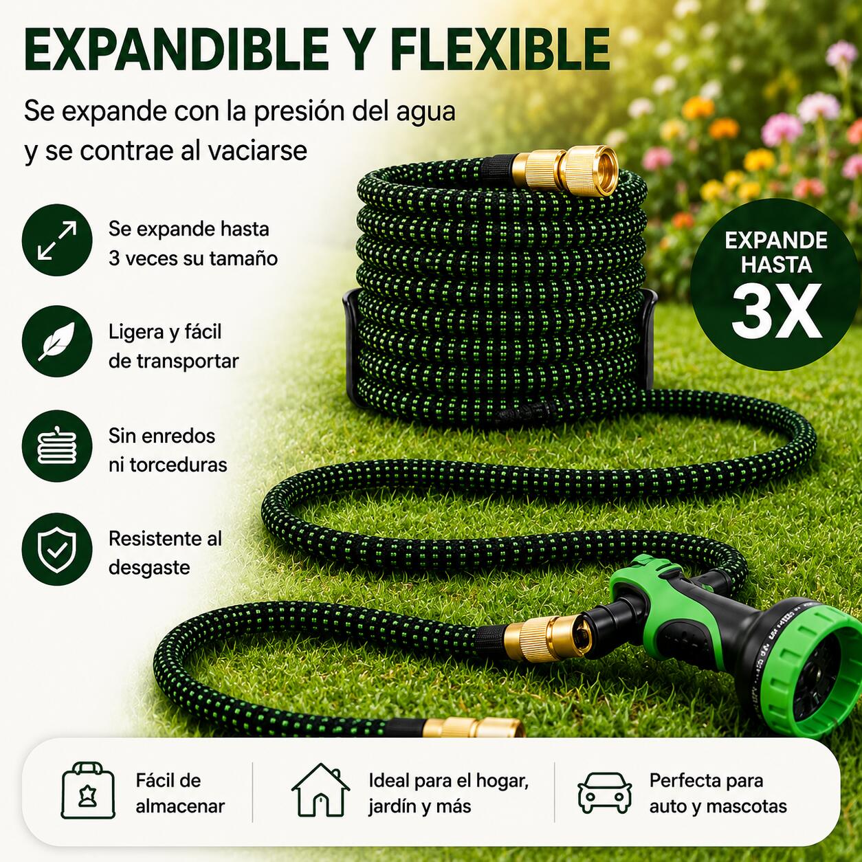 Mangueira extensível de jardim 15 m com pistola multifunções e conectores de 3/7
