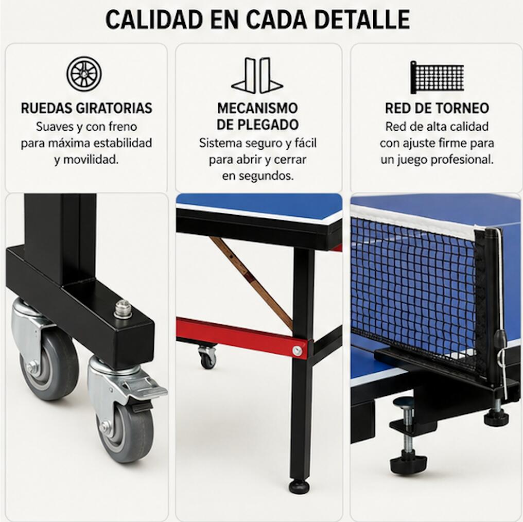 Mesa De Ping Pong Plegable Compacta Con Red Incluida 3/4