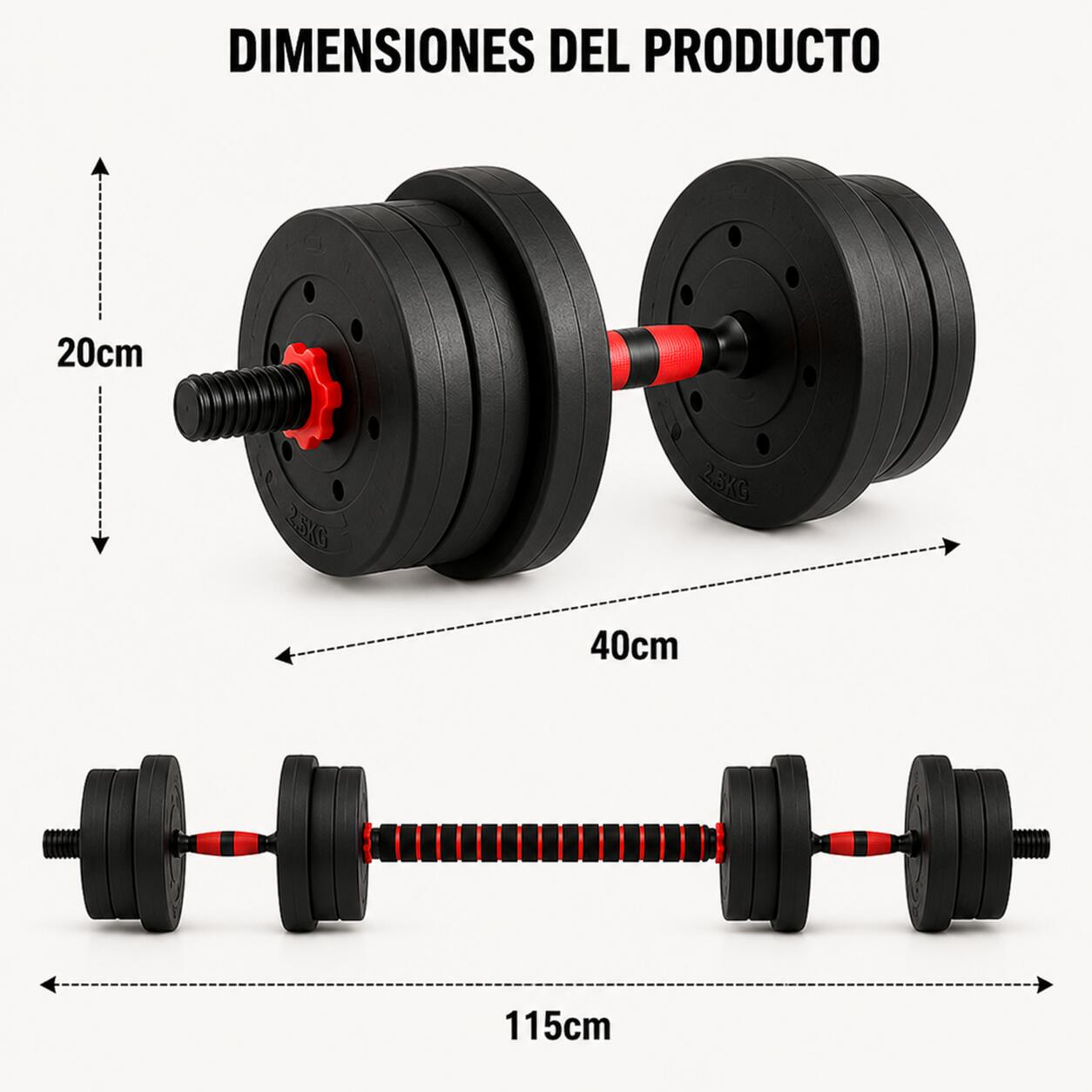 Set di manubri regolabili 20 kg con barra estensibile, dischi antiscivolo e kit 2/5
