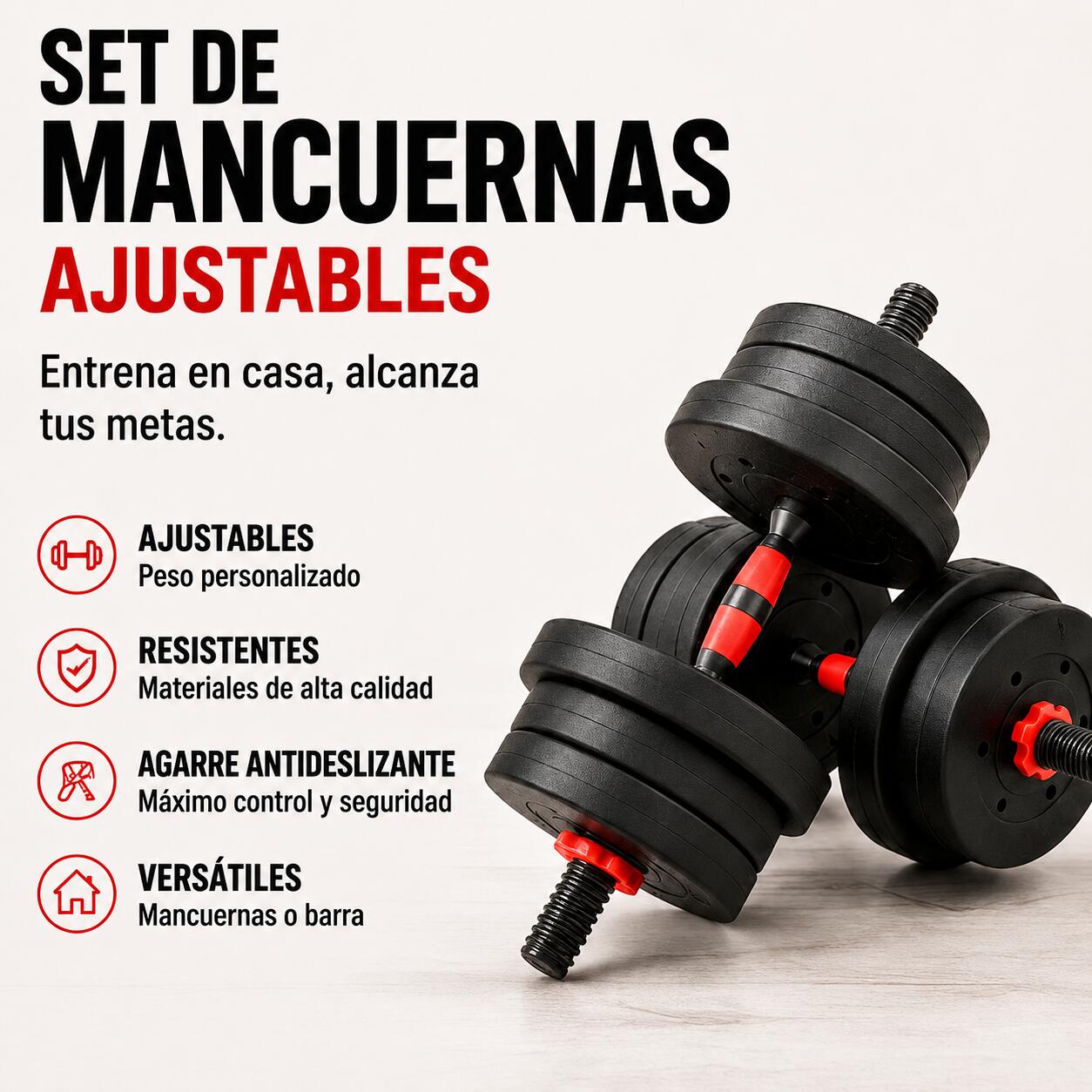 Set di manubri regolabili 20 kg con barra estensibile, dischi antiscivolo e kit 5/5