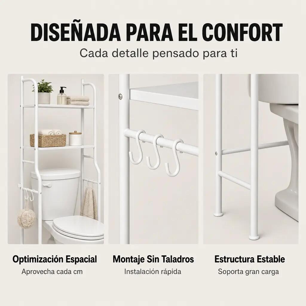 Étagère au-dessus des toilettes 3 niveaux avec crochets 4/7