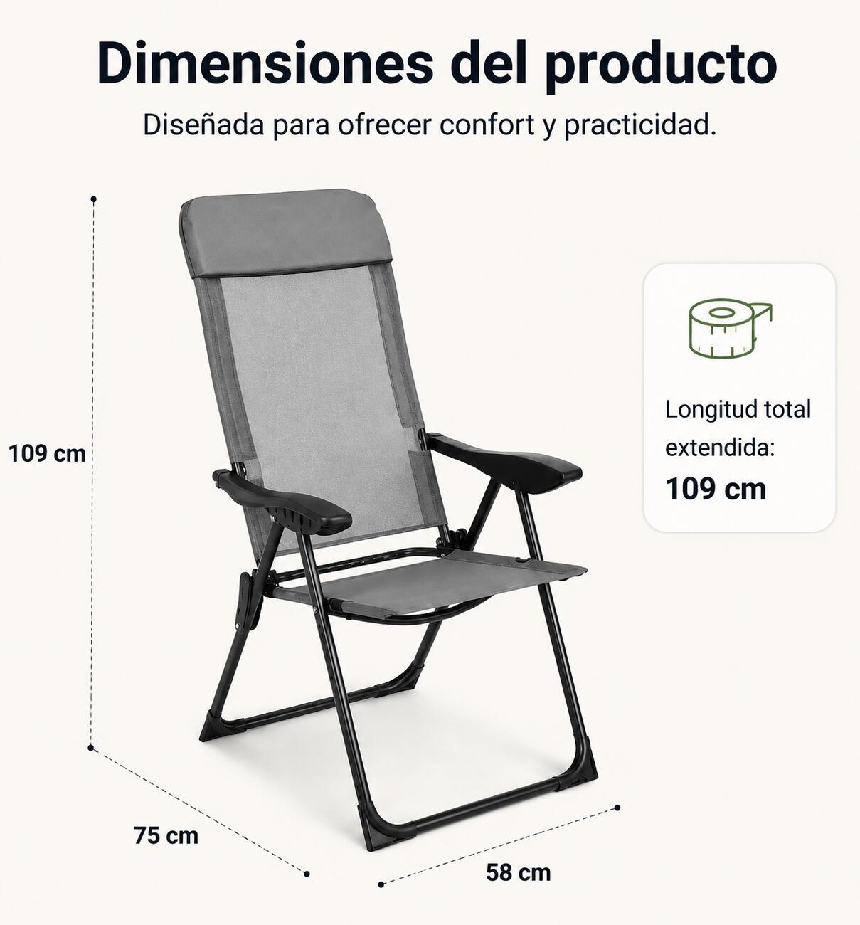 Chaise pliante inclinable 7 positions dossier haut extérieur 4/7