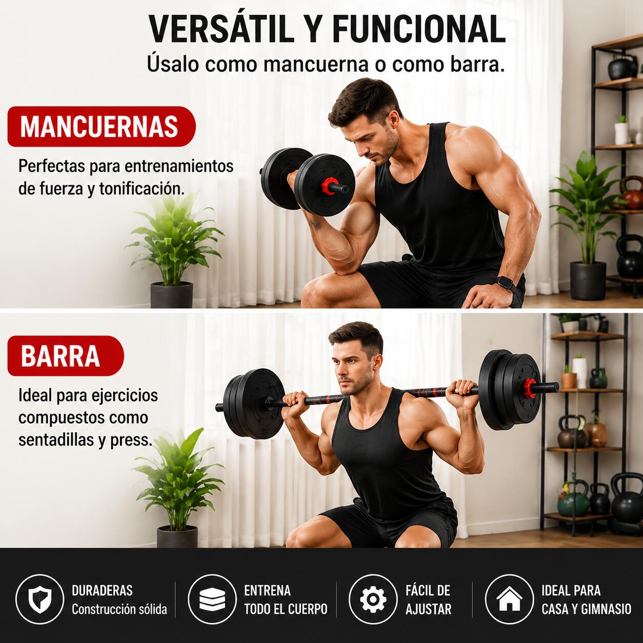 Set di manubri regolabili 20 kg con barra estensibile, dischi antiscivolo e kit 4/5