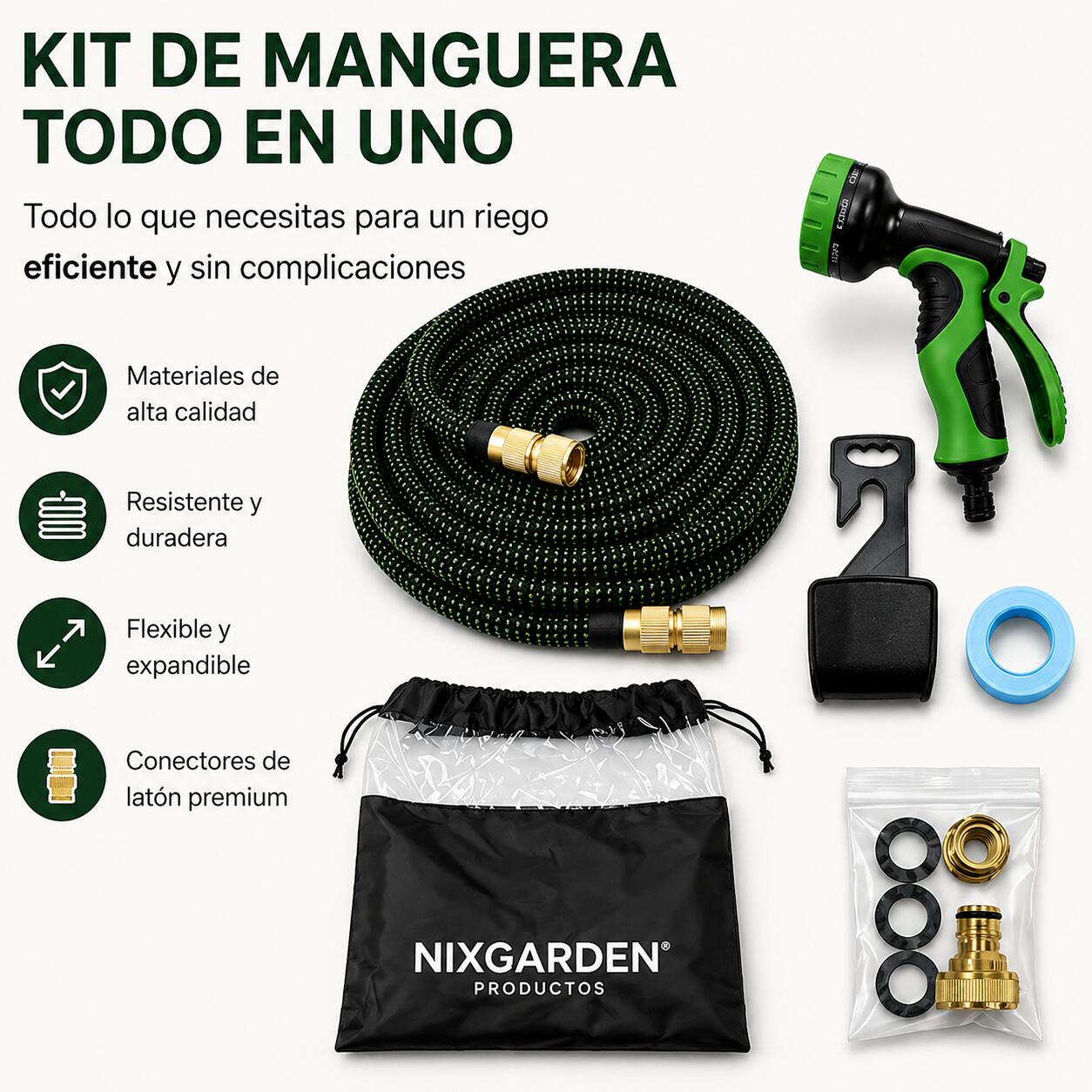 Mangueira extensível de jardim 30 m com pistola multifunções e conectores de 5/7