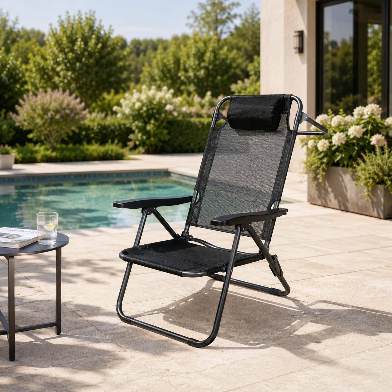 Chaise pliante basse pour plage et camping avec appuie-tête rembourré 6/7