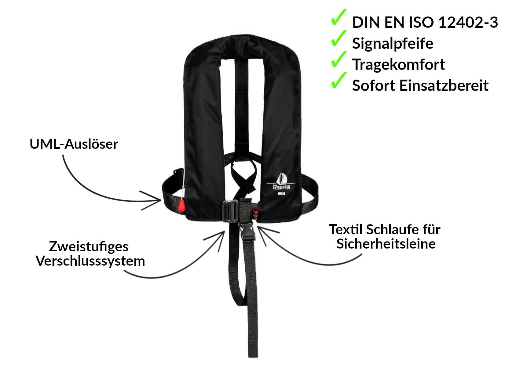 Set van 4:  automatisch reddingsvest 165N ISO met harnas, zwart, en herlaadset 2/7