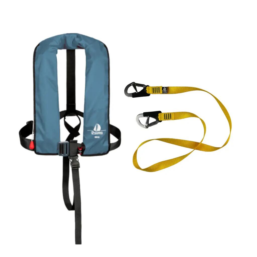 Set: Automatic life jacket 165N ISO Harness, steel blue incl. lifeline