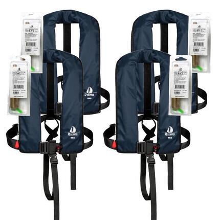4er Set Automatik Rettungsweste 165N marineblau mit Harness 4 Wartungskits