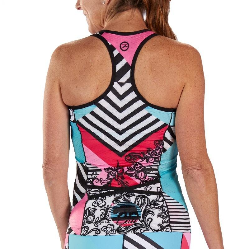 Camiseta Triatlon Sin mangas Mujer ZOOT RACERBACK Cali Multicolor Estampada 3/4