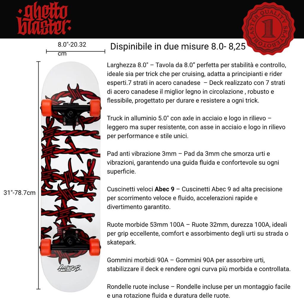 Ghettoblaster Skateboard for Beginners, Barded Wire Red, 8.25"