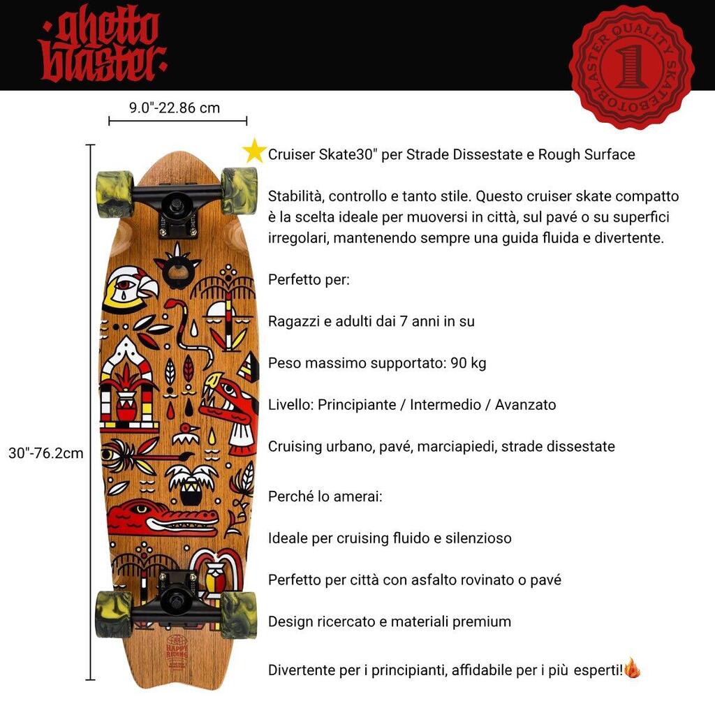 Skateboard Cruiser Ghettoblaster Teak Geroglific Fis tail 30" -9"