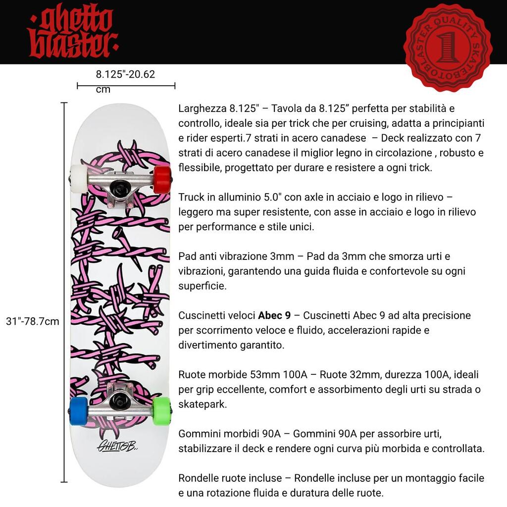 Ghettoblaster Skateboard for Beginners, Barded Wire, Pink, 8.125"