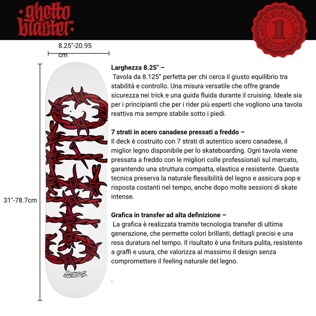 Skateboard Deck Ghettoblaster Pregripped Barded Wire Red 8.25"