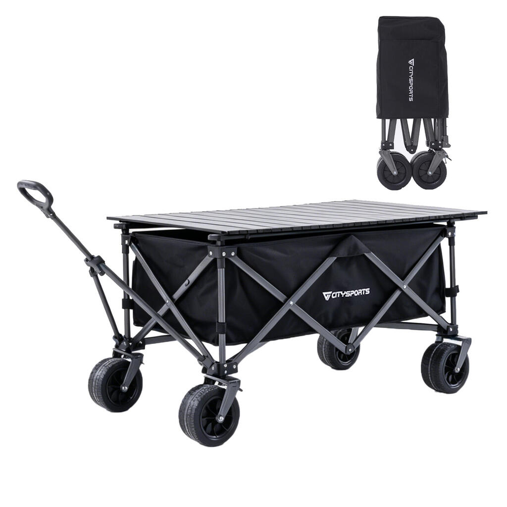 Camping Cart with 360° Swivel Wheels, Folding Cart with Removable Tabletop, Blac