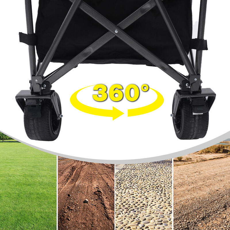 Cărucior de camping cu roți pivotante la 360°, cărucior pliabil cu blat