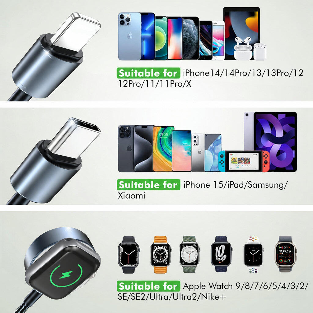 Cabo USB 3 em 1 com carregador de 120 W para Apple Watch 6/6