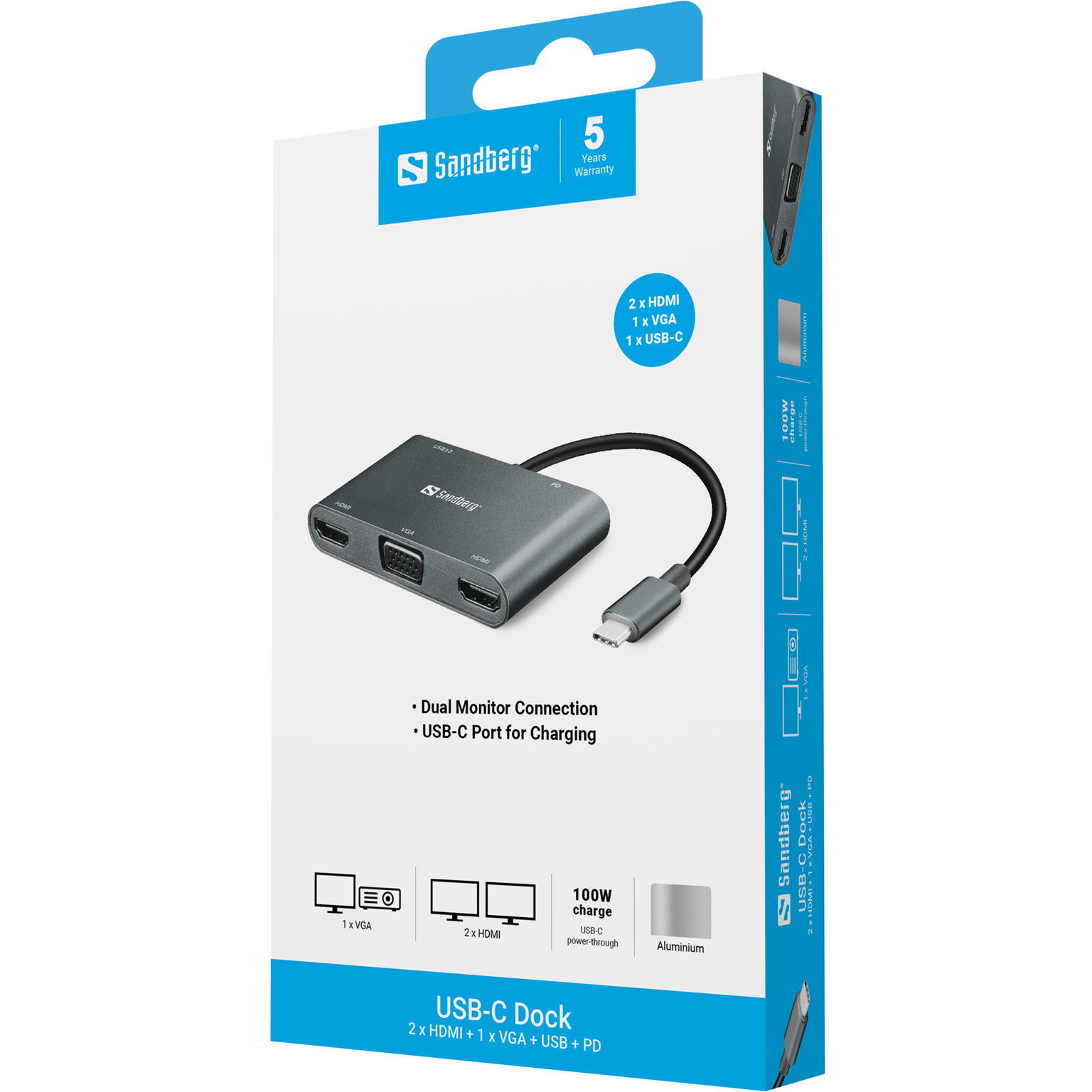 SANDBERG Adaptador USB-C Dock 2xHDMI + VGA + USB-A + USB-C PD 100W 3/3