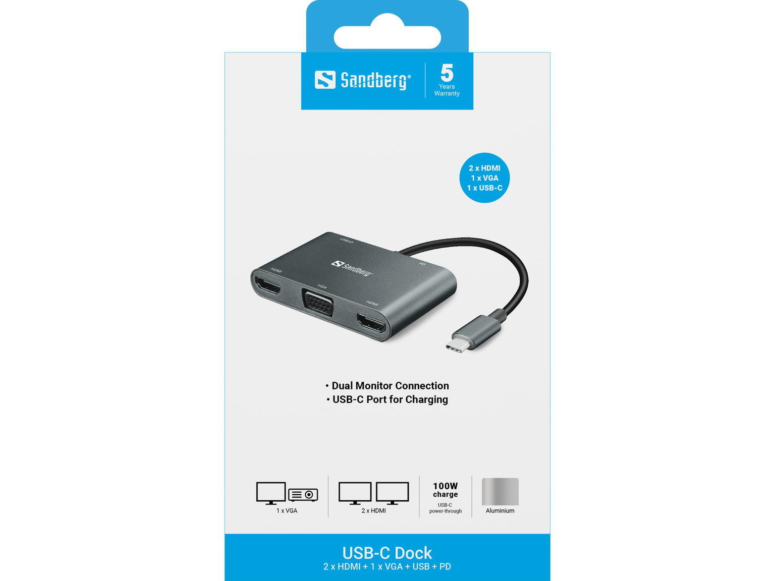 SANDBERG Adaptador USB-C Dock 2xHDMI + VGA + USB-A + USB-C PD 100W 2/3