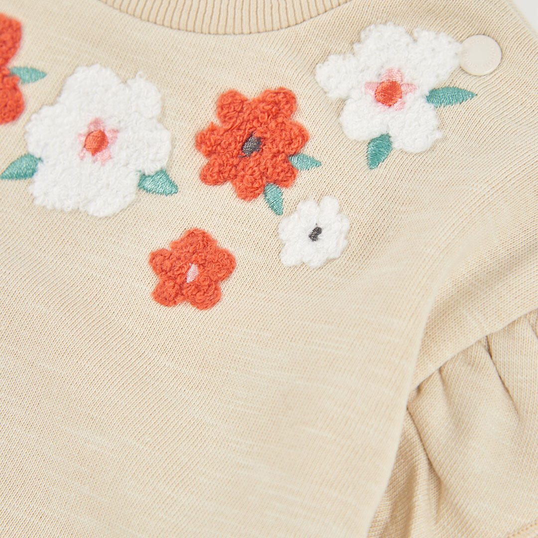 Sudadera felpa niña beige bordado flores 3/4