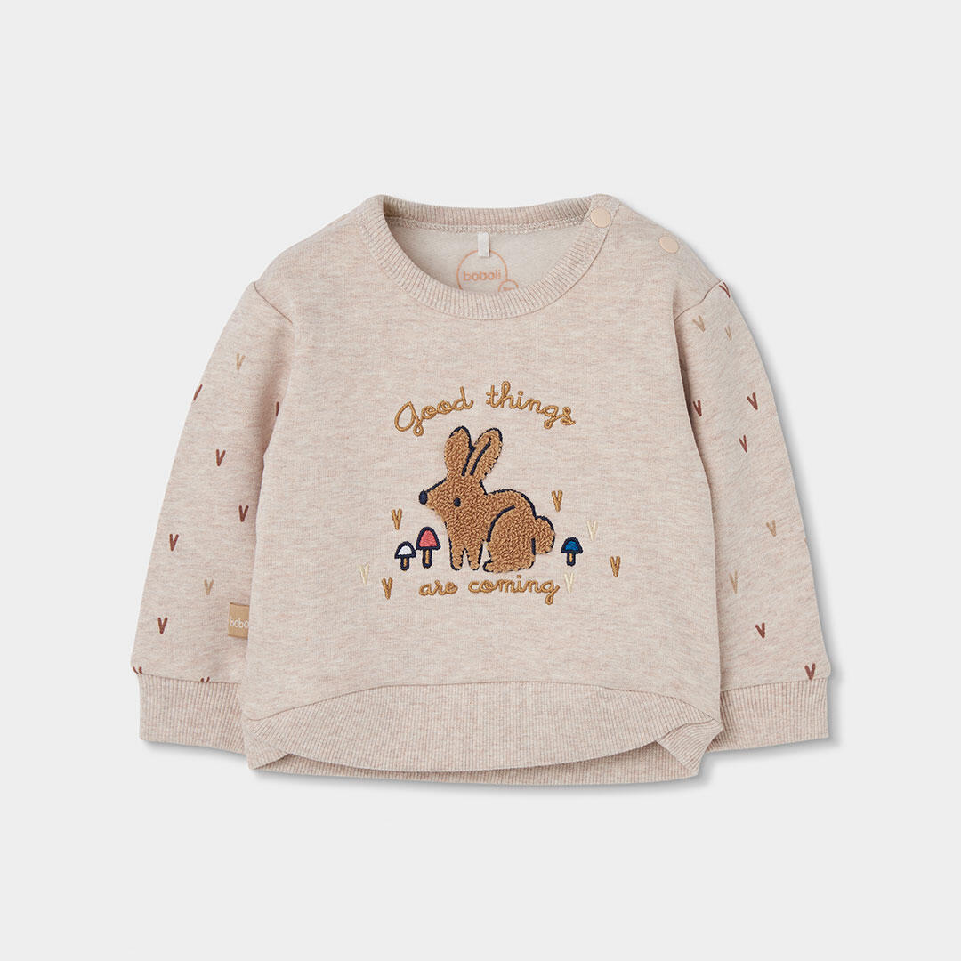 Conjunto punto bebé niña beige bordado de conejito 3/7