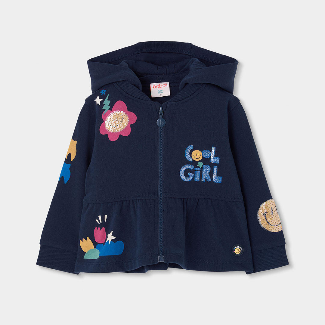 Chaqueta felpa niña azul marino estampada flores 1/4