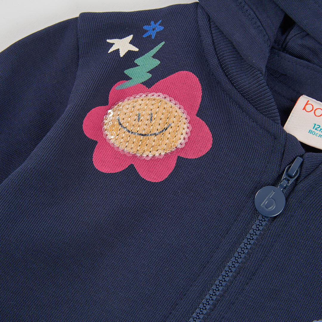 Chaqueta felpa niña azul marino estampada flores 3/4