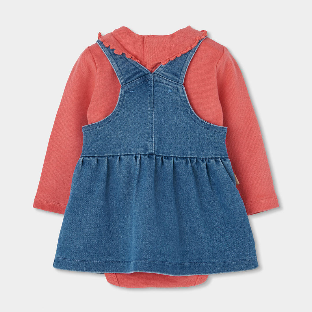 Conjunto punto denim bebé niña rojo bordado de oso 2/7