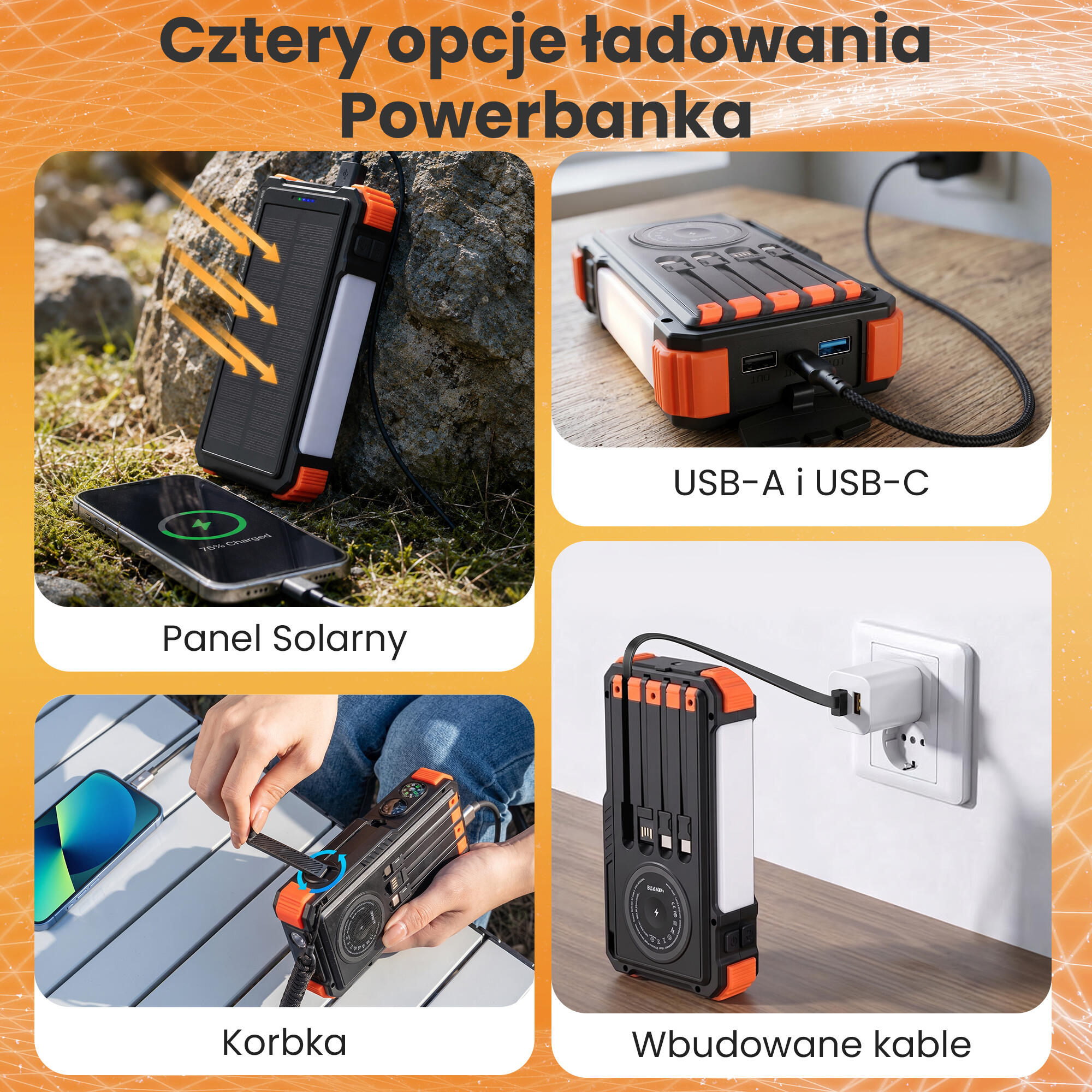 POWERBANK ŁADOWARKA SOLAR 20000mAh ŁADOWARKA INDUKCJA LATARKA DYNAMO KORBKA 2/7