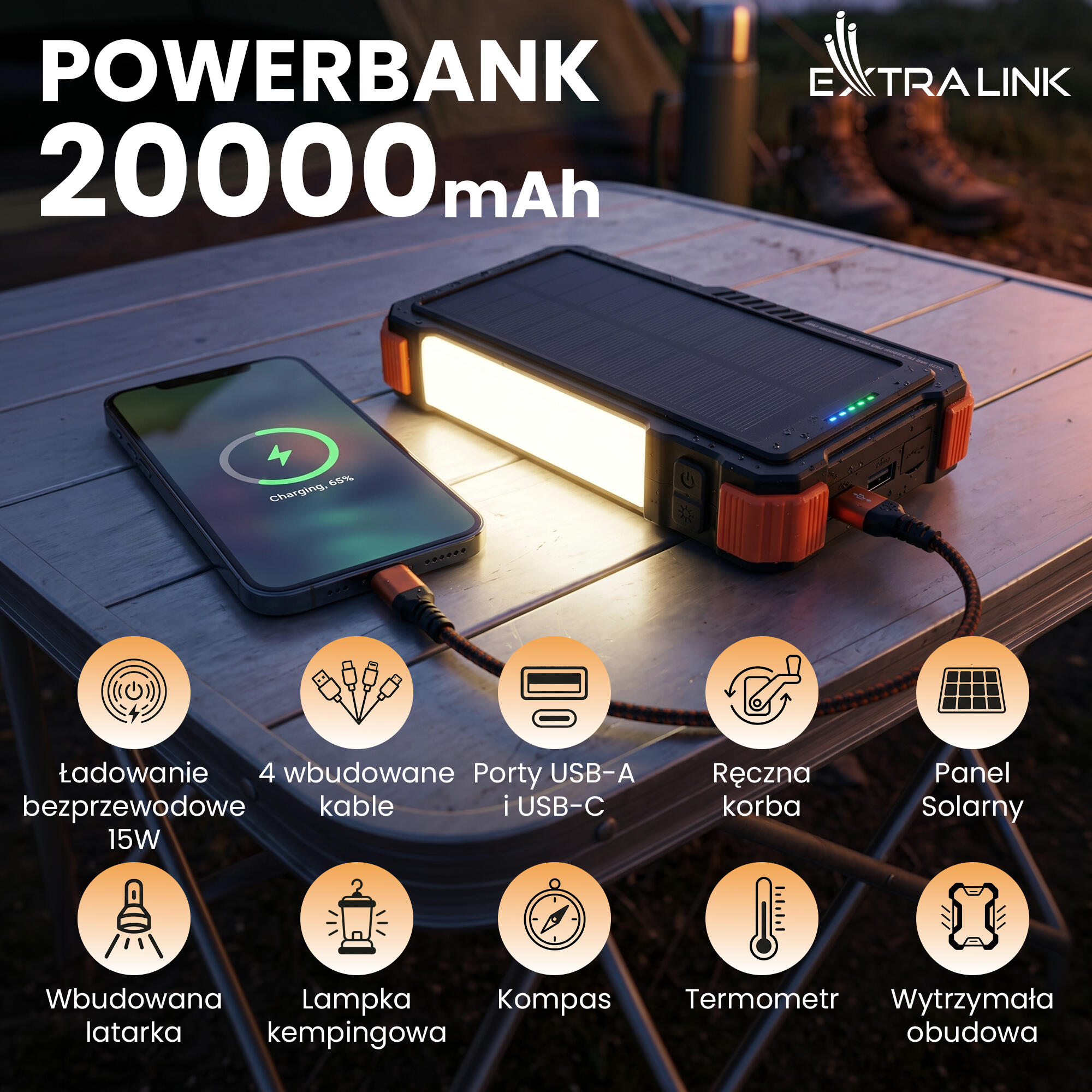 POWERBANK ŁADOWARKA SOLAR 20000mAh ŁADOWARKA INDUKCJA LATARKA DYNAMO KORBKA 5/7