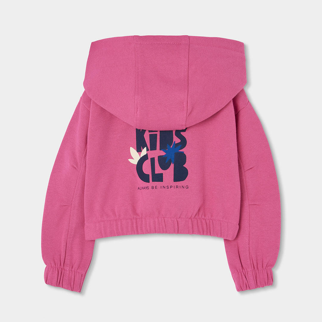 Sudadera felpa niña fucsia con capucha estampada 2/4