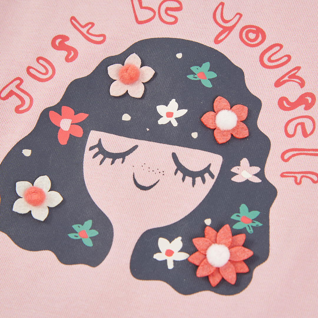 Camiseta punto niña rosa estampado flores 3/4