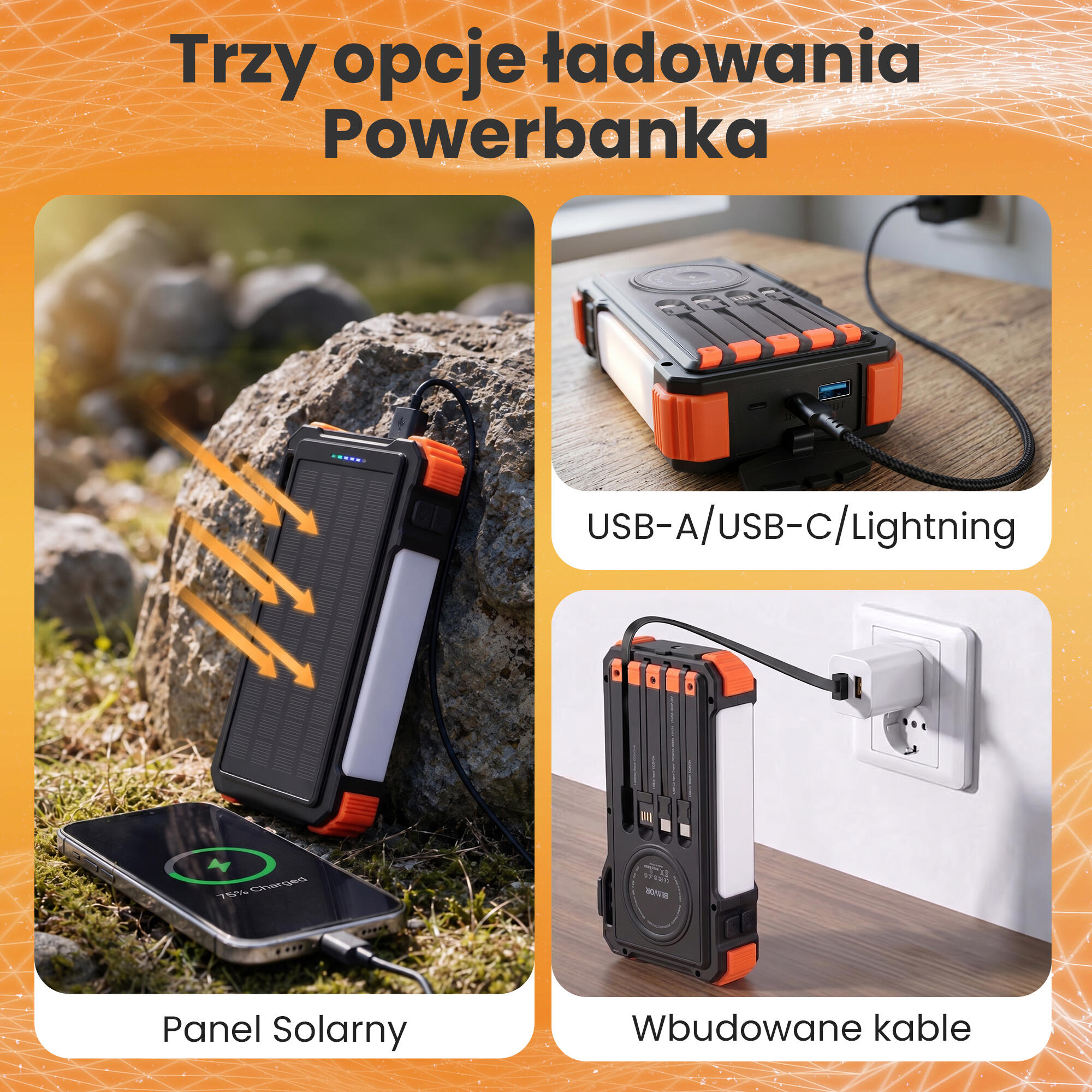 POWERBANK ŁADOWARKA SOLAR 20000mAh INDUKCJA LATARKA Lampa 45W + Kabelki 2/7