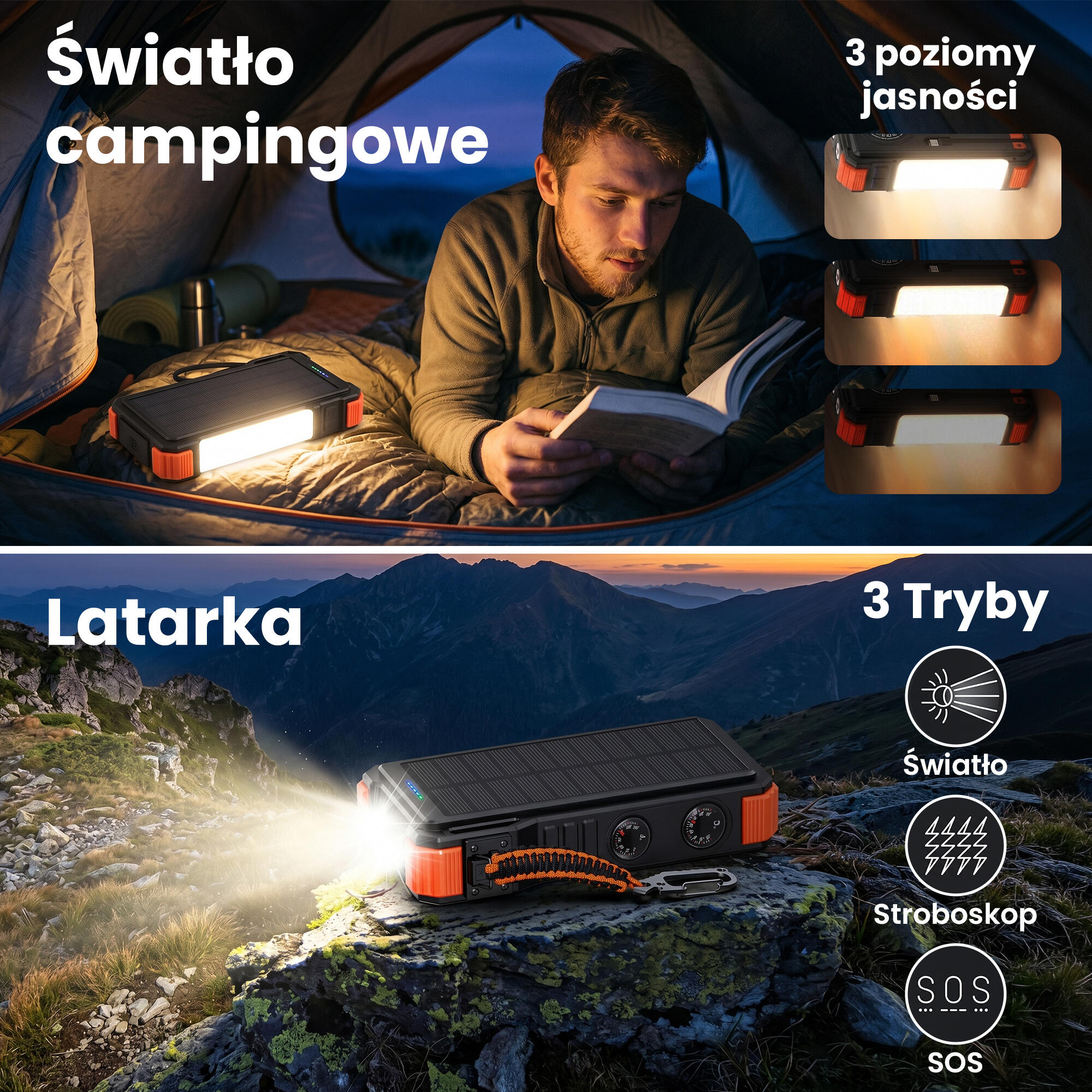 POWERBANK ŁADOWARKA SOLAR 20000mAh INDUKCJA LATARKA Lampa 45W + Kabelki 6/7