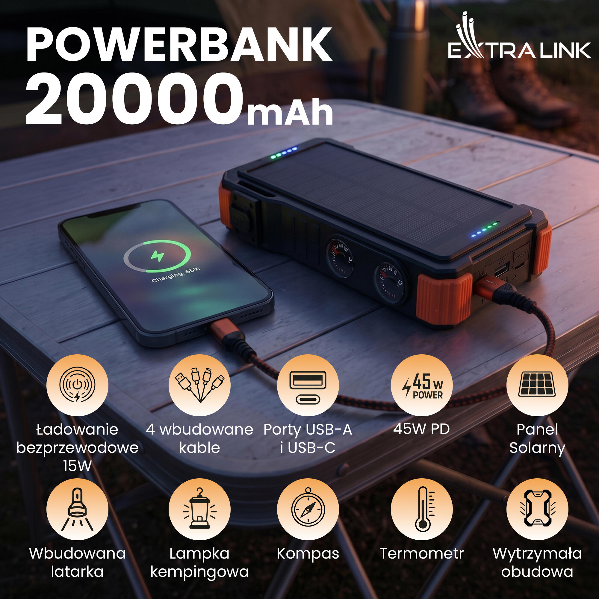 POWERBANK ŁADOWARKA SOLAR 20000mAh INDUKCJA LATARKA Lampa 45W + Kabelki 5/7