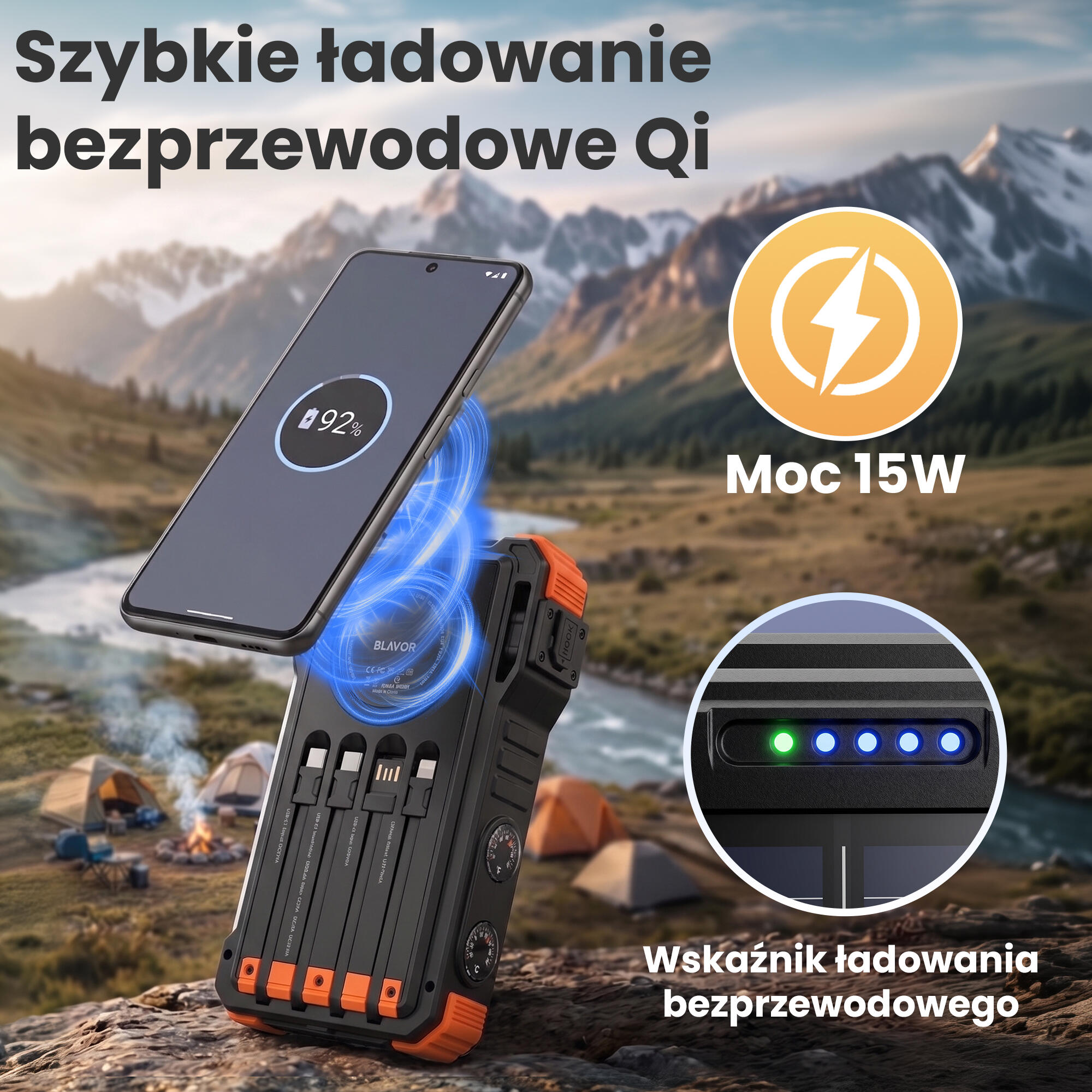 POWERBANK ŁADOWARKA SOLAR 20000mAh INDUKCJA LATARKA Lampa 45W + Kabelki 4/7