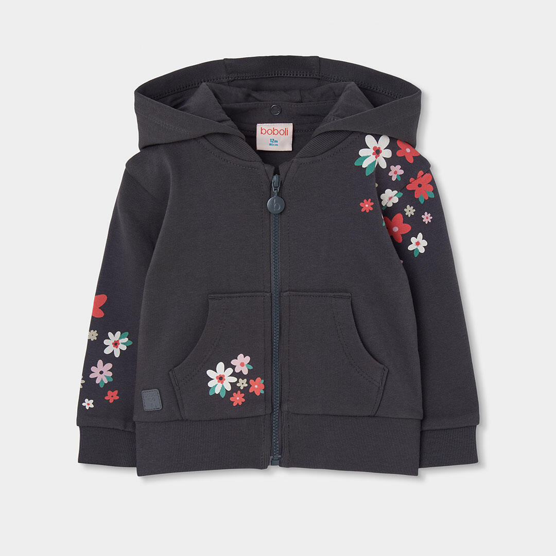 Chaqueta felpa niña gris estampado flores 1/4