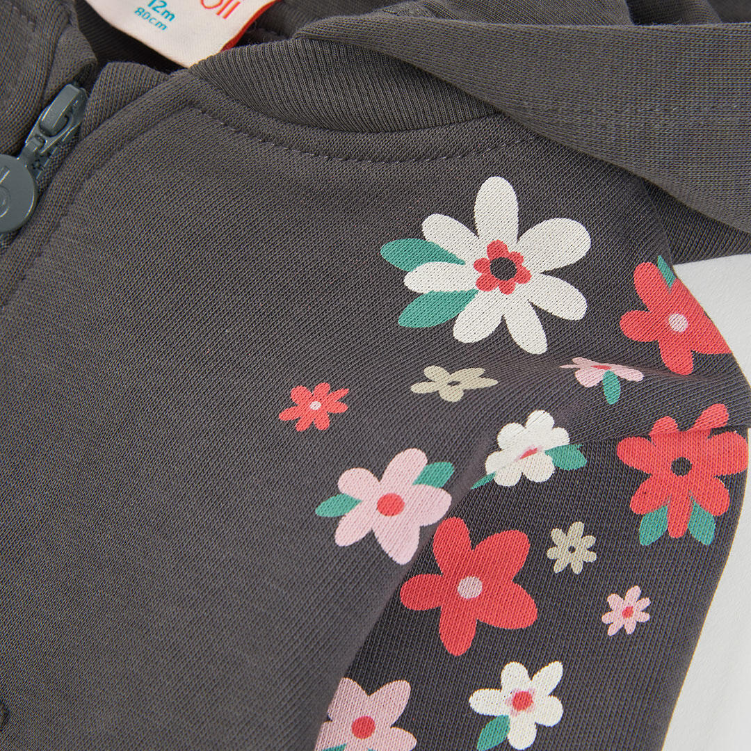 Chaqueta felpa niña gris estampado flores 3/4